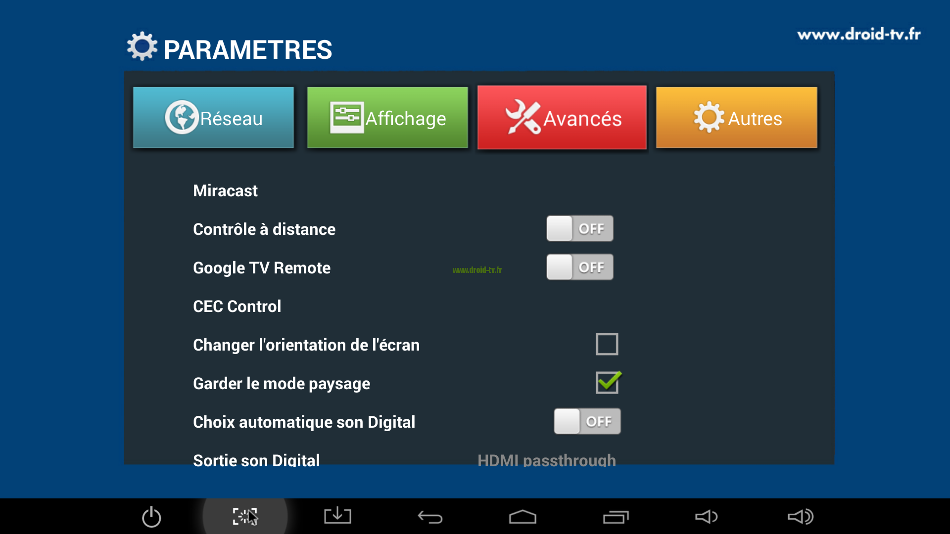 Onglet avancés paramètres box Android M8 Droid-TV.fr