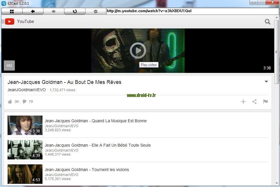 Exemple diffusion Youtube EZcast pour Windows Droid-TV.fr