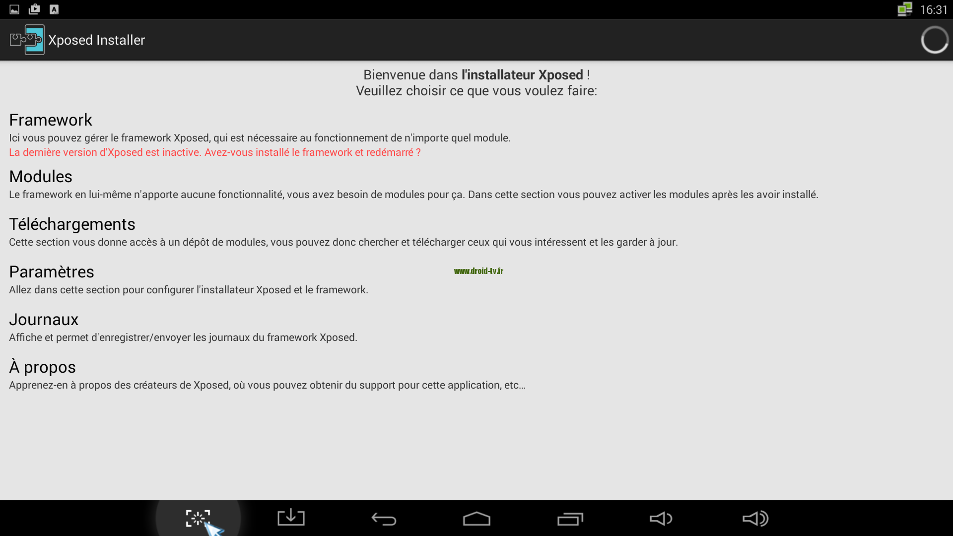 Menu principal Xposed Framework Droid-TV.fr