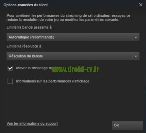 Options avancées du client Steam streaming WinBox-TV.fr