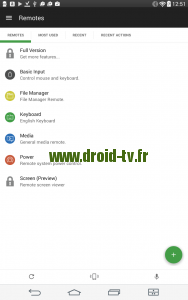 Menu principal application Unified Remote WInBox-TV.fr